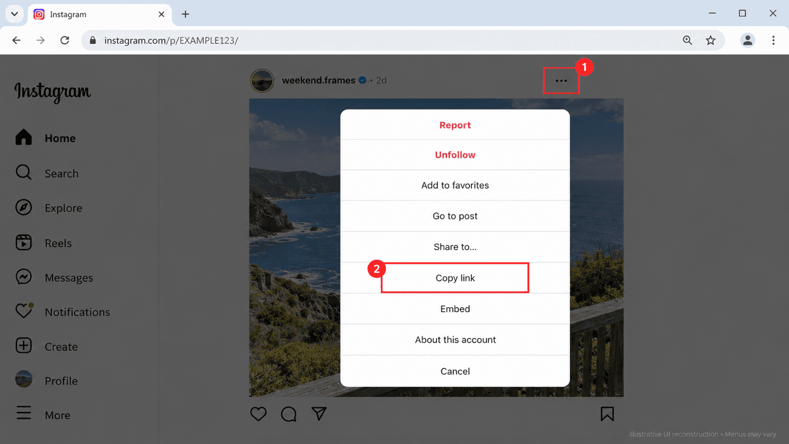 Menú de publicación de Instagram en la web con el botón de tres puntos y la opción Copiar enlace resaltados.