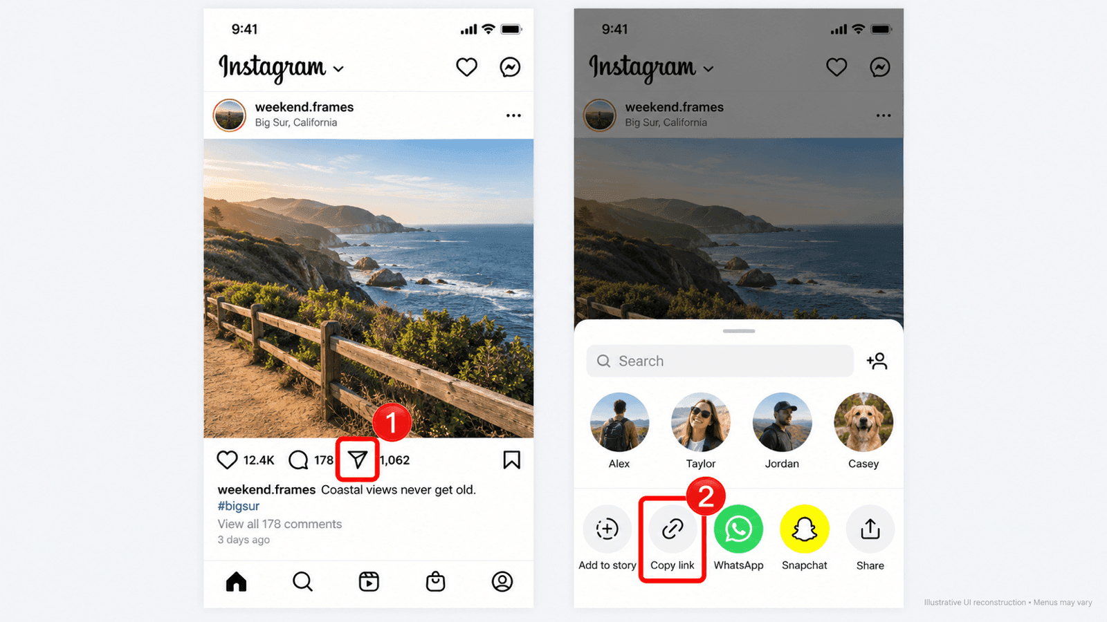 Publicación de Instagram en móvil con el ícono Enviar y la acción Copiar enlace en su panel de compartir.