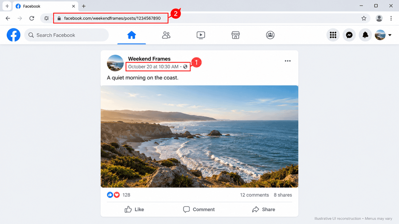 Publicación de Facebook en la web con su fecha y hora resaltadas y la URL de la publicación individual resaltada en el navegador.
