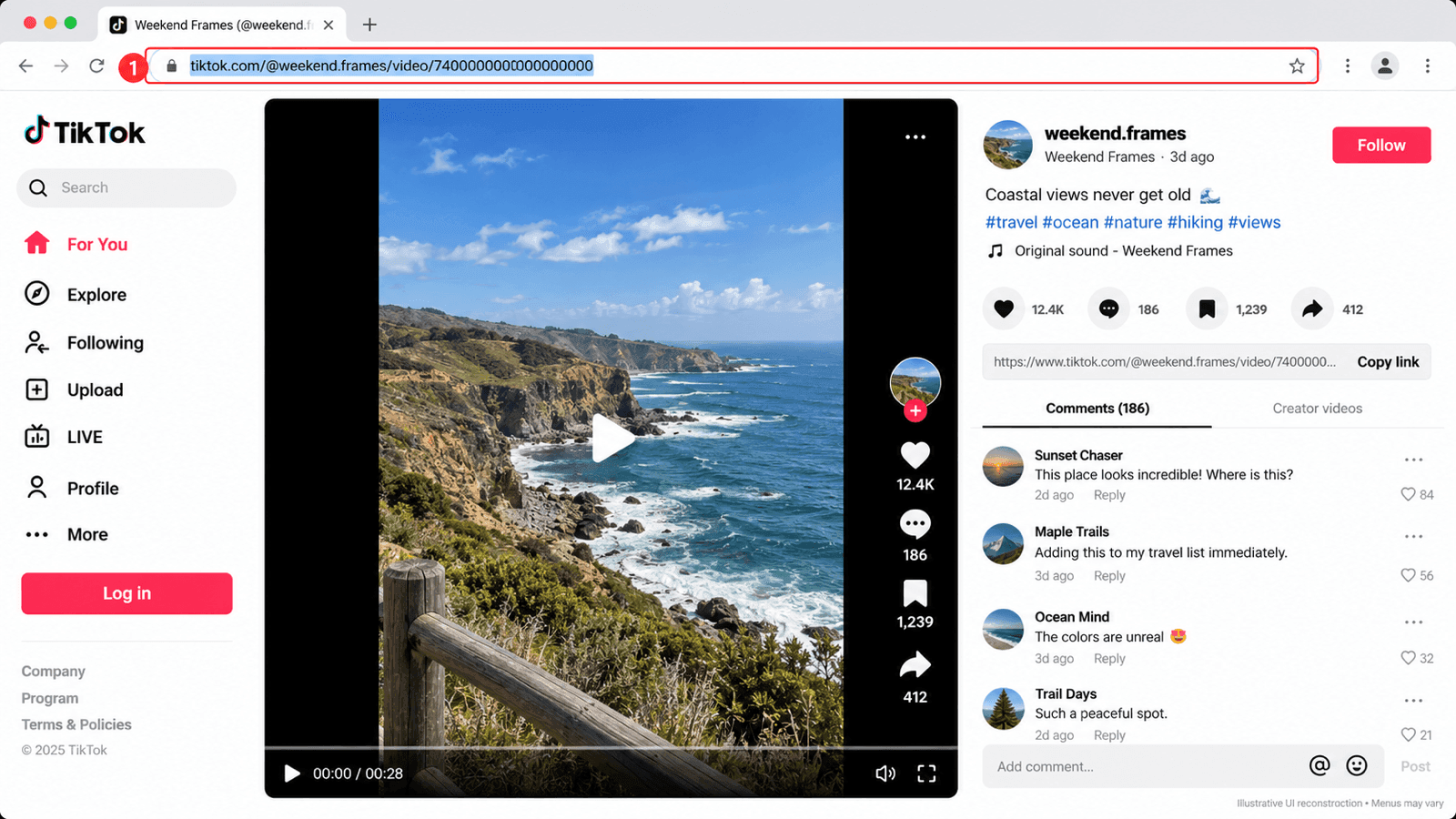 Página de video de TikTok en la web con la URL del video individual resaltada en la barra de direcciones del navegador.