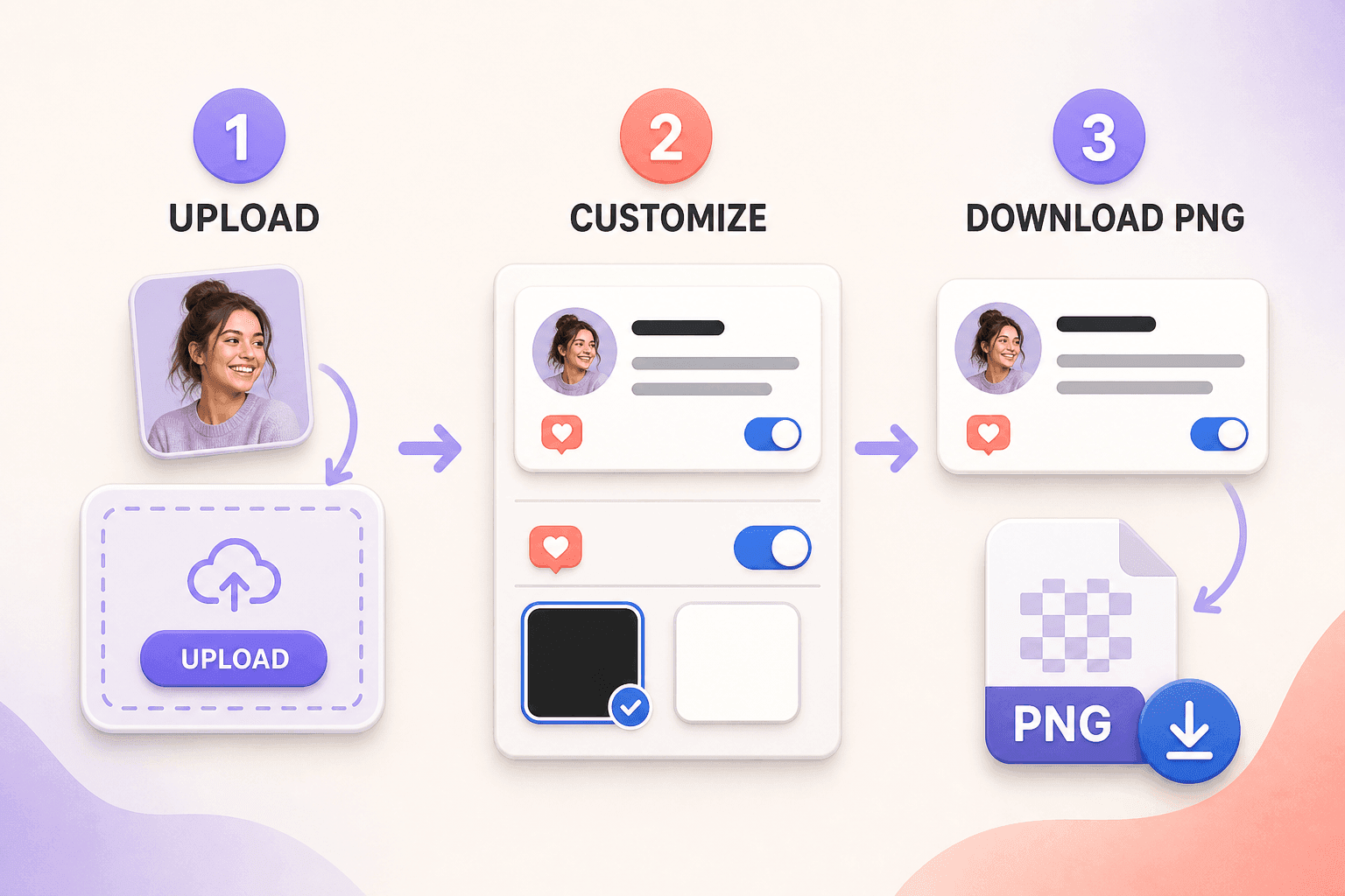 Three steps to create an Instagram comment sticker: upload, customize, and download PNG