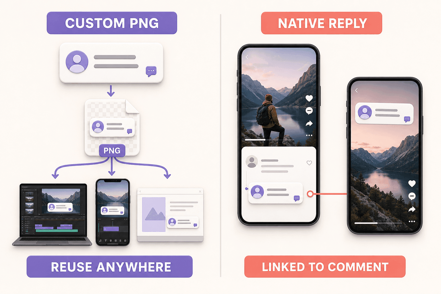 Custom PNG comment sticker compared with a native Instagram comment reply linked to the original comment