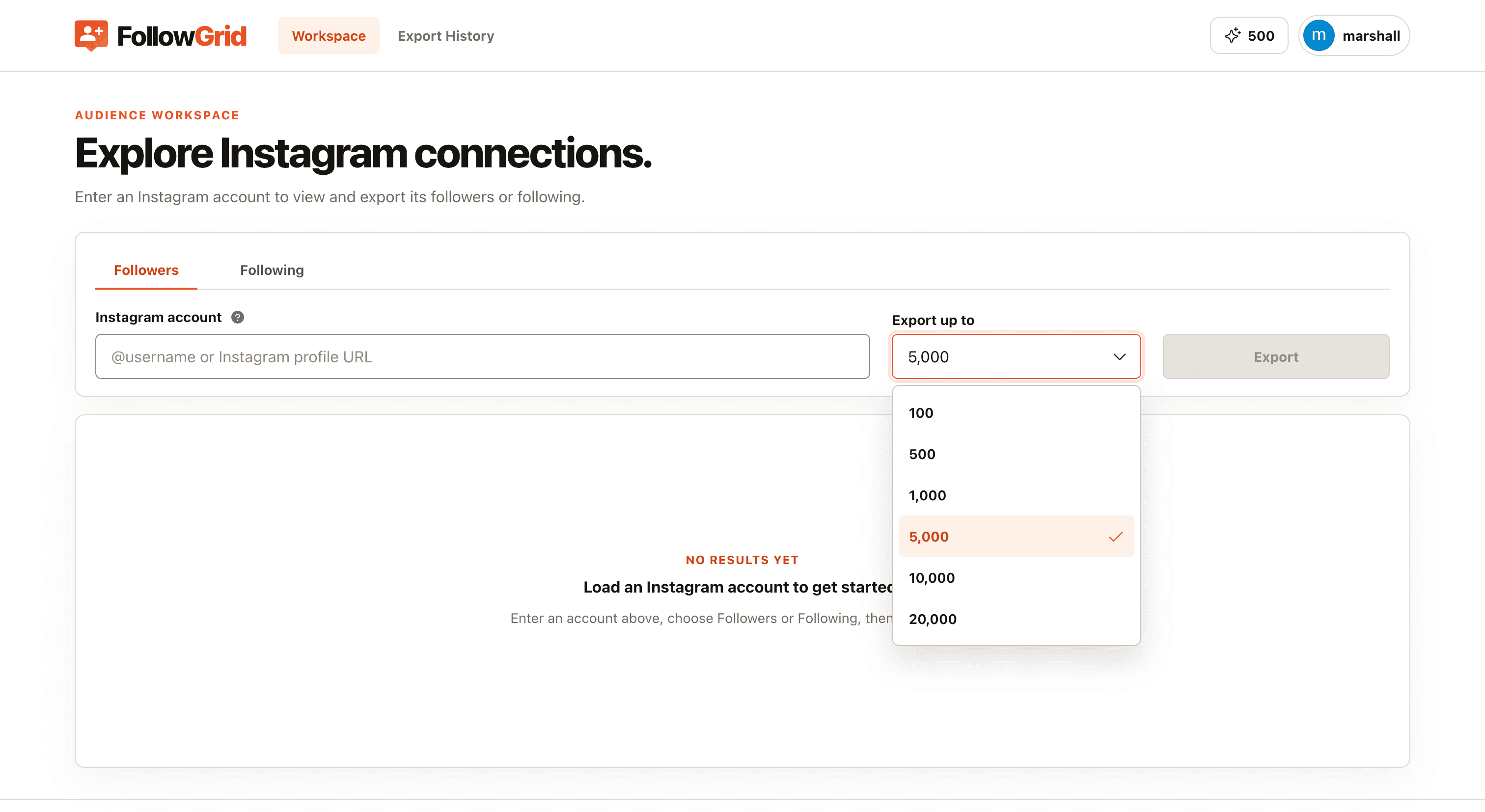FollowGrid with Following selected, a collection limit set, and the Export button visible.