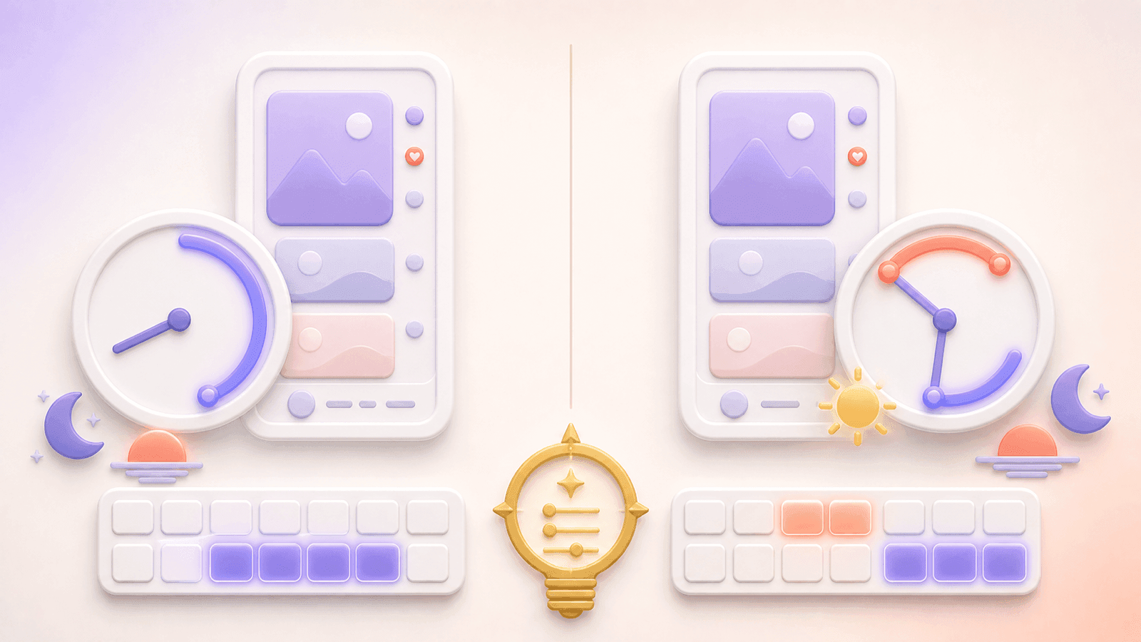 TikTokの夕方の投稿時間帯とInstagramの昼と夕方のアクティブ時間帯を比較した2カラムのタイミングガイド。